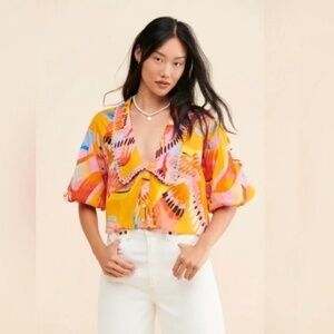 🎉HP🎉 FARM Rio Neon Macaws Collar Puff-Sleeve Blouse Size XS